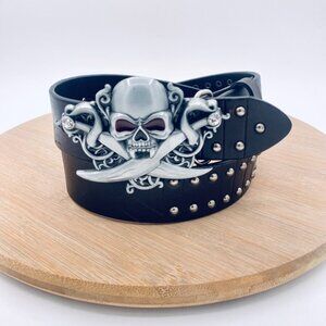 Jeans Friends Belt Womens S Black Full Grain Leather Silver Skull Buckle Pirate